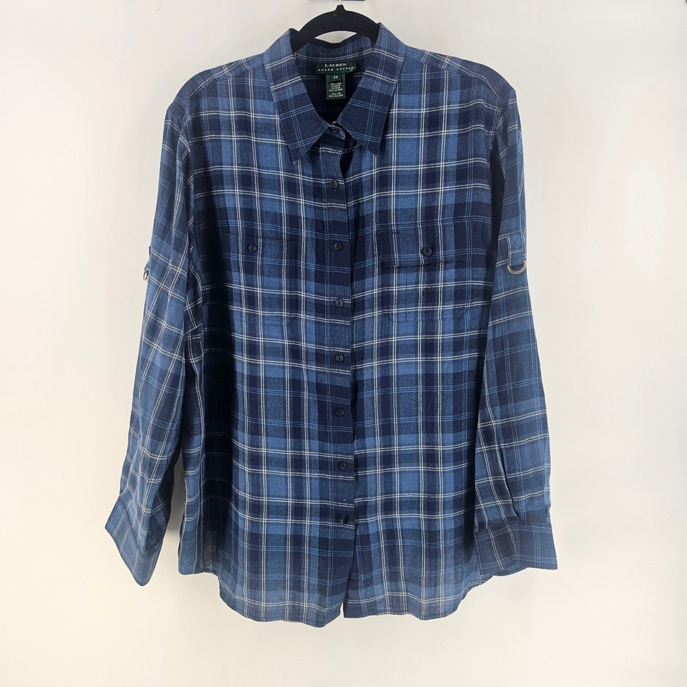 Lauren Ralph Lauren Linen Button Down Women 2X Blue Plaid Roll Tab Heritage Prep